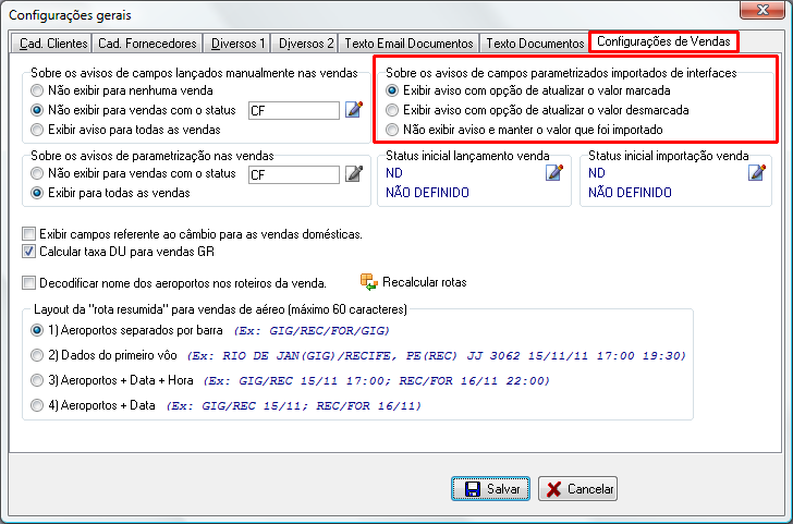 Configurações interfaces