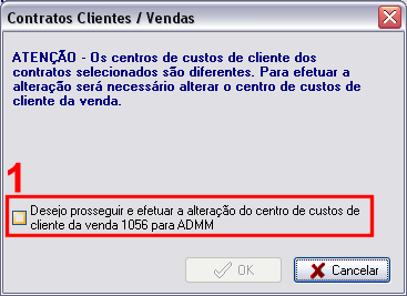 Mensagem de aviso exibida durante a mudança de vendas para um contrato que tenha centro de custos diferente do contrato original