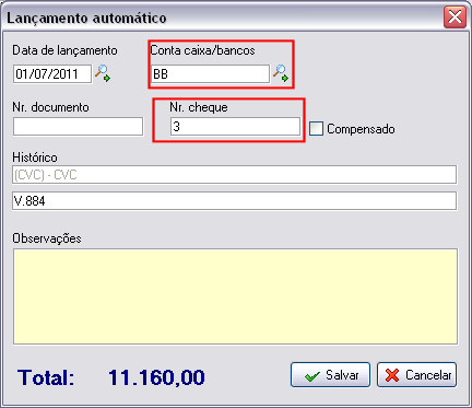 Baixa de contas a pagar utilizando cheque de um talonário cadastrado