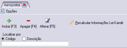 A barra de botões do cadastro de aeroportos