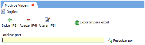 A barra de botões do cadastro de Motivo de Viagem