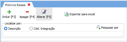 A barra de botões do cadastro de Motivo Recusa Viagem