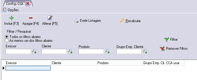 Barra de botões principal da parametrização de CCA