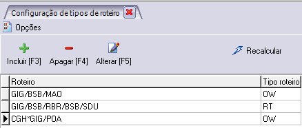 A barra de botões do cadastro de tipo de roteiro