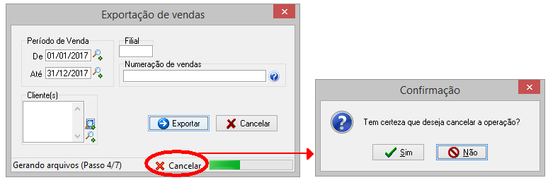 Barra de progresso da exportação e o botão de cancelamento
