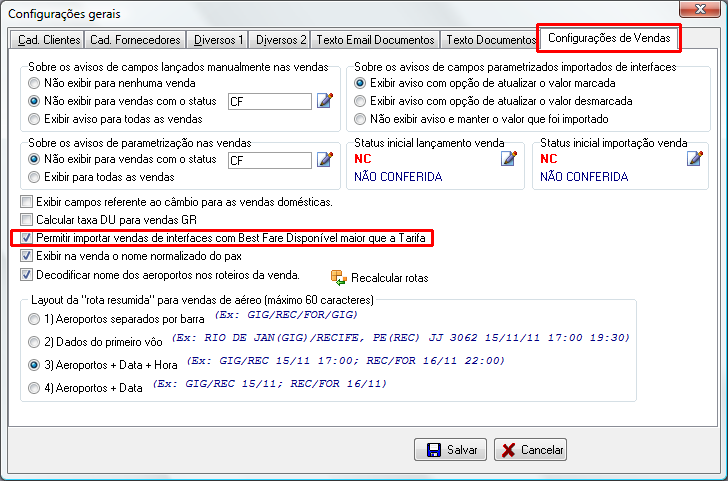 Configuração da importação do Best Fare disponível nas interfaces