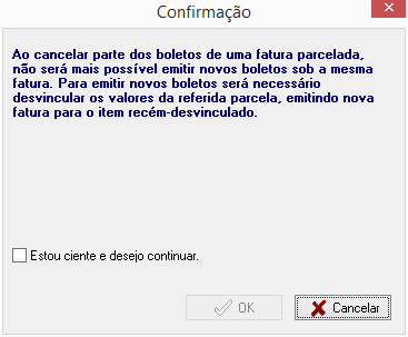 Mensagem de confirmação para cancelamento de boleto de uma parcela