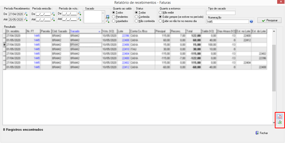 Relatório recebimentos/pagamentos de Faturas/Nota de crédito