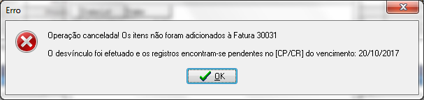 Mensagem exibida após clicar no botão Não da tela de confirmação de inclusão do valor desvinculado em um novo documento