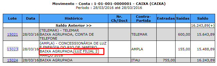Identificação da filial nos lotes de baixa agrupada