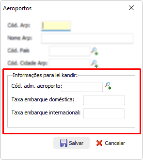 Cadastro de administradores e taxa de embarque de aeroportos domésticos.