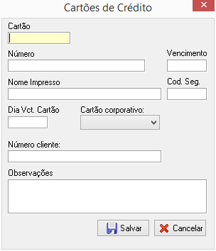 Cadastro de cartões de crédito de clientes