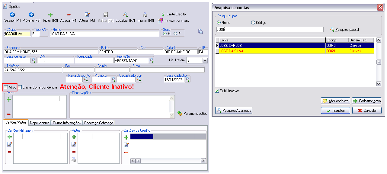 Exemplo de um cadastro de clientes inativado