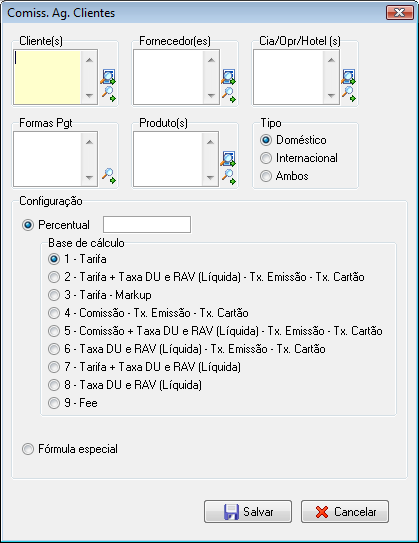 Tela de configuração dos percentuais de comissionamento de agência cliente
