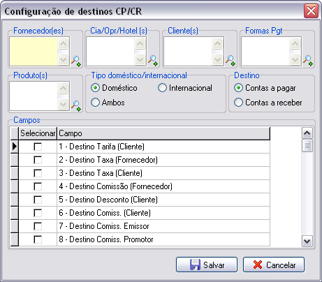 Cadastro do destino de contas a pagar e contas a receber
