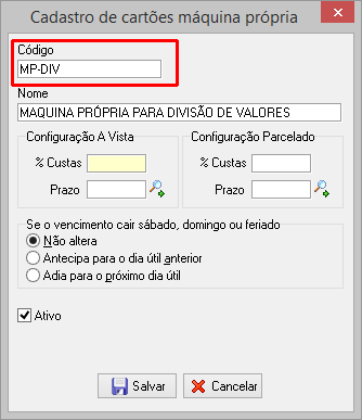 Cadastro da maquina própria MP-DIV
