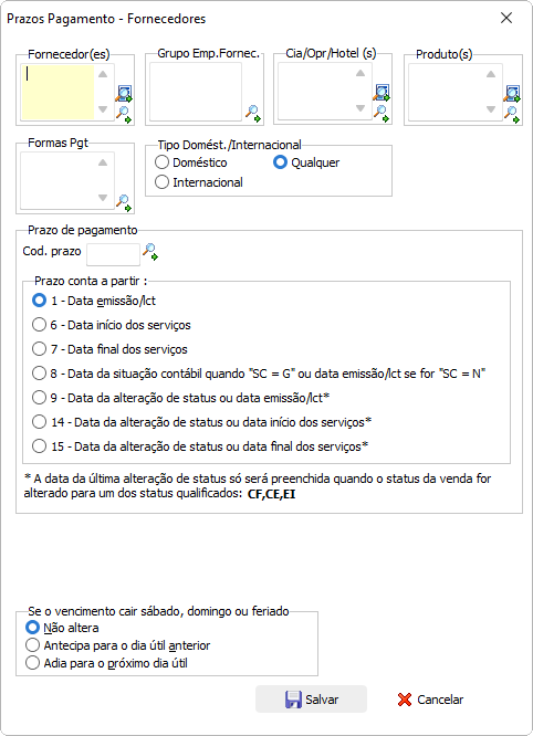 Módulo para cadastro de prazo de pagamento de fornecedores