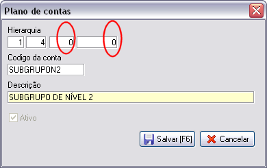 Cadastro de um subgrupo de nível 2