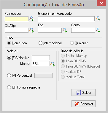 Tela para cadastro da taxa de emissão