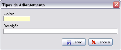 Tela para cadastro de tipos de adiantamentos