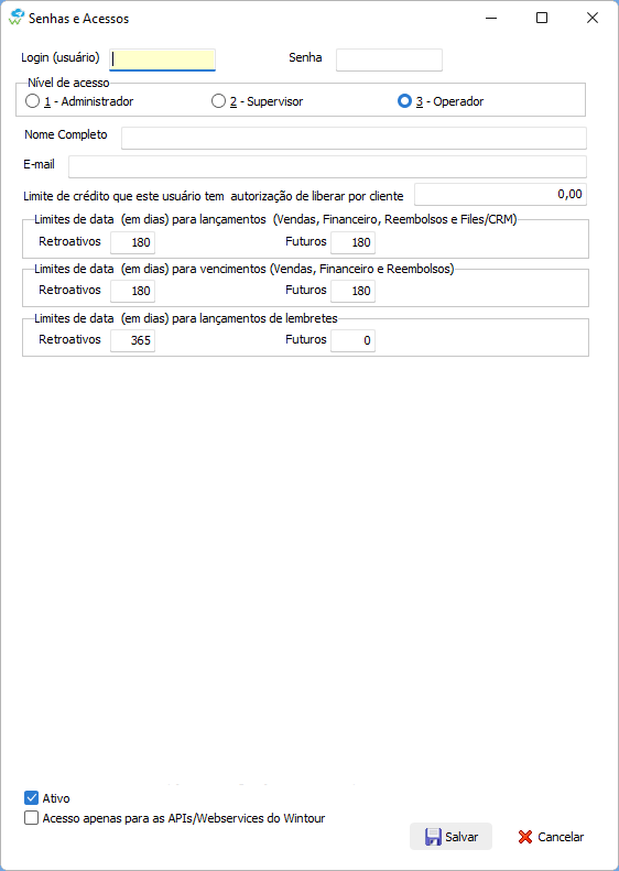 A barra de botões do módulo de configuração de senhas e acessos