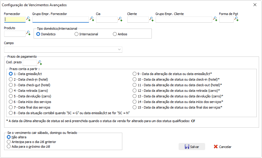 Configuração de vencimento s avançados