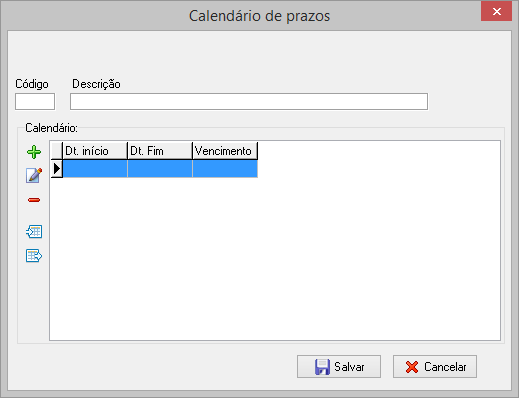 Cadastro de calendário de prazos.