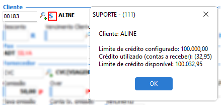 Tela exibindo o botão de consulta ao centro de custo do cliente