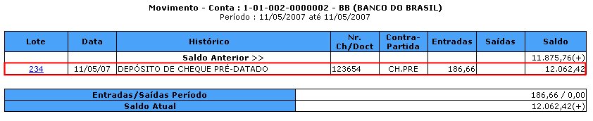 Imagem destacando depósito de um cheque na conta BB (Banco do Brasil)