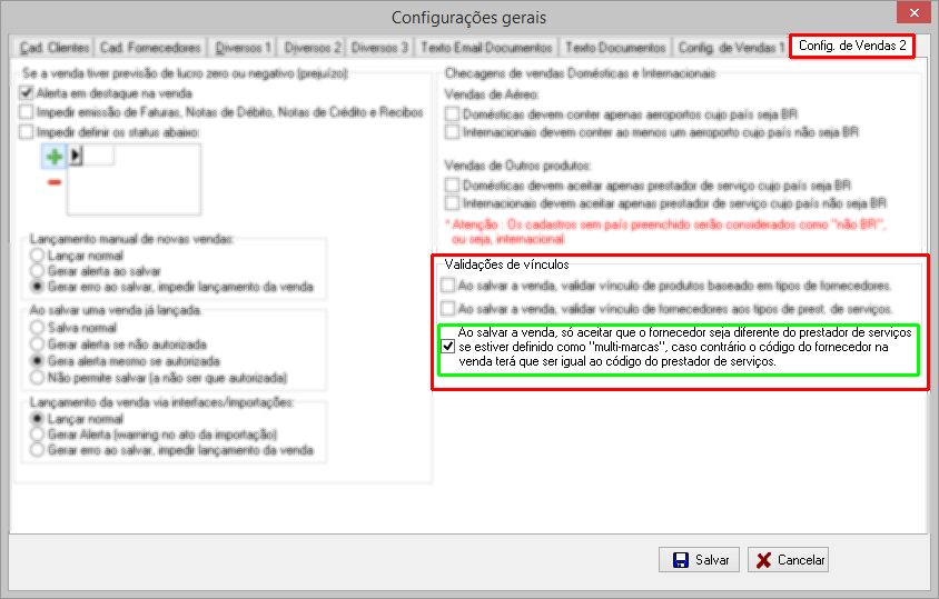 Checagem do país dos prestadores de serviço de acordo com o tipo (D/I) da venda