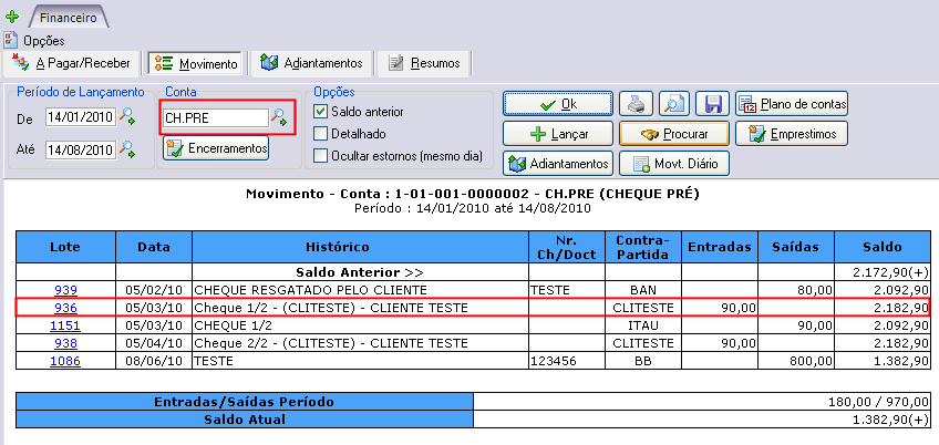 Imagem exibindo a listagem de cheques pré datados