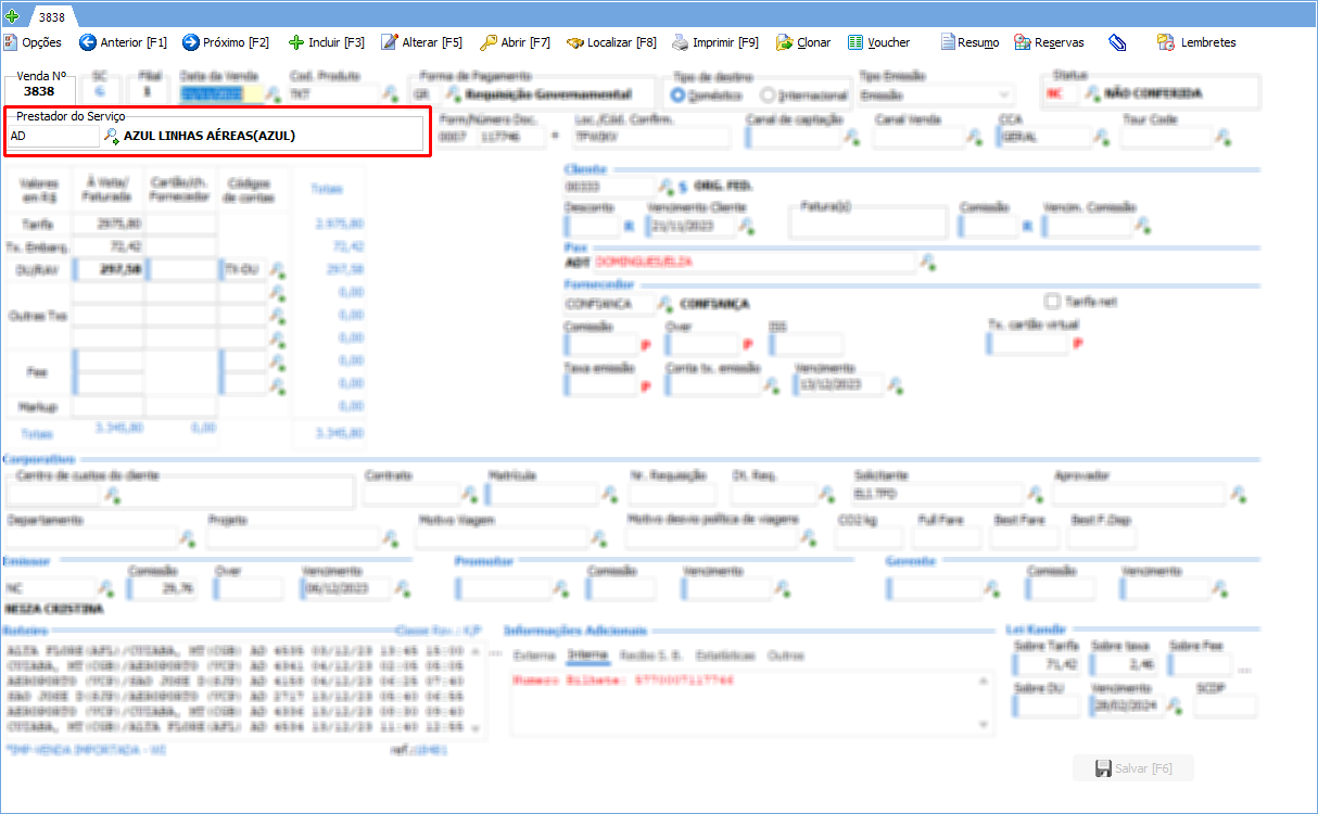 Imagem destacando o campo prestador de serviço da venda que está relacionado com a coluna cia dos detalhamentos do complemento da kandir