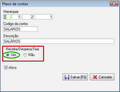 Exemplo da classificação da conta salarios como Despesa Fixa.