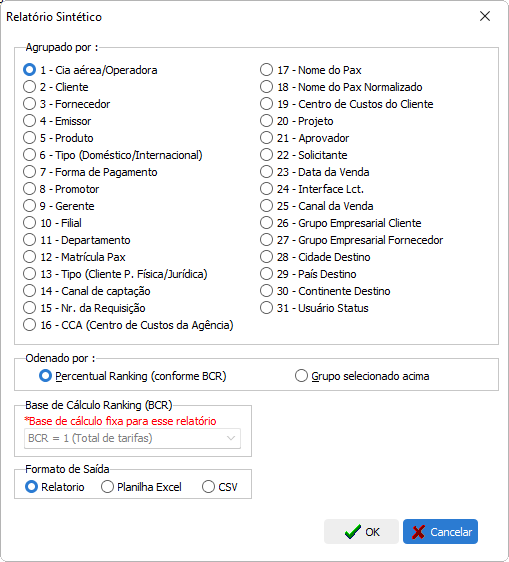 Opções de agrupamento para os relatórios sintéticos de clientes