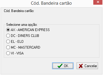 Código bandeira cartão disponíveis