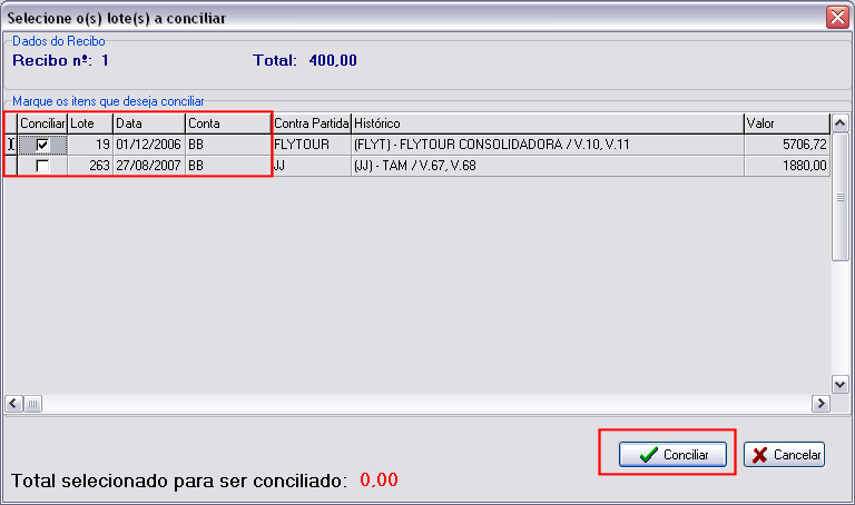 Selecionando lotes a serem conciliados com recibo B