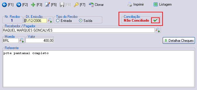 Botão conciliação recibo série B