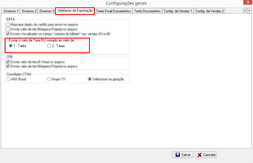 Configuração para envio da taxa DU embutida na tarifa ou na taxa