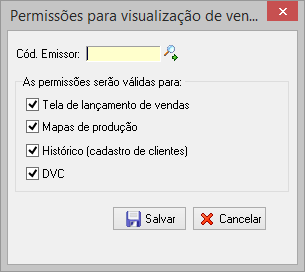 Tela com opções de configuração de acesso do emissor a informações de venda