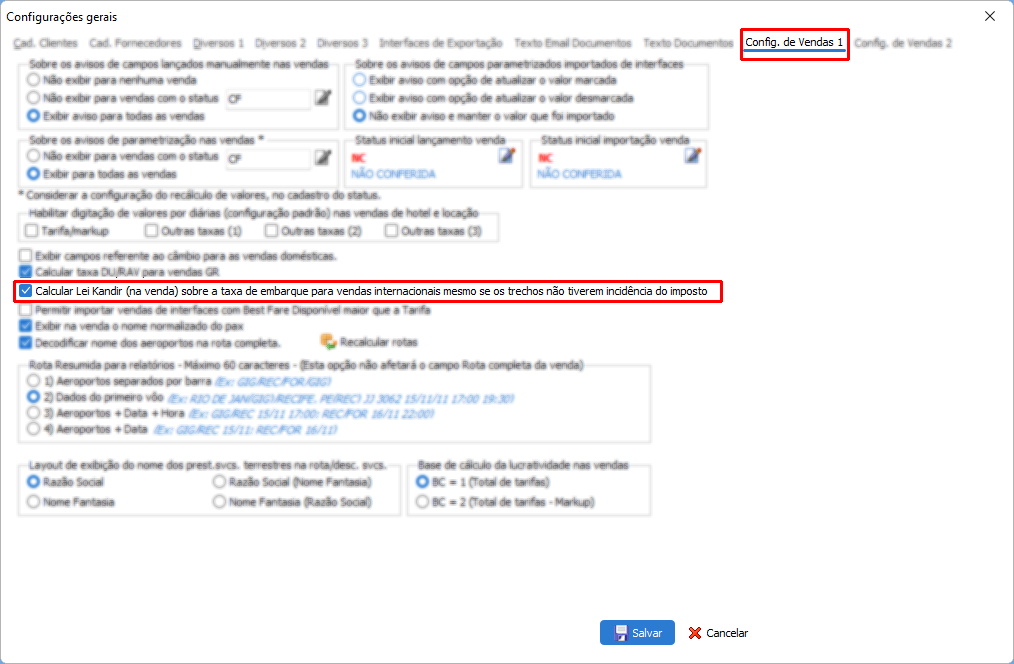 Configuração para calcular kandir sobre taxa de embarque para vendas internacionais mesmo se os trechos não tiverem incidência do imposto