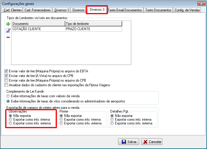 Configuração geral para a exportação da informação do campo 'Observações' do roteiro aéreo.