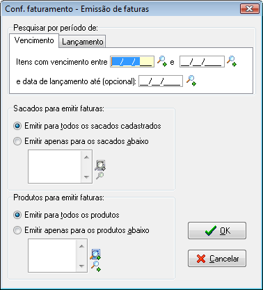 Menu de opções de emissão de faturas