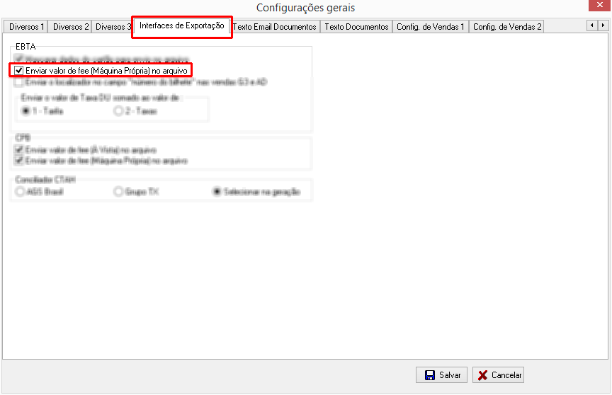 Configuração para enviar o valor de fee da máquina própria no arquivo EBTA