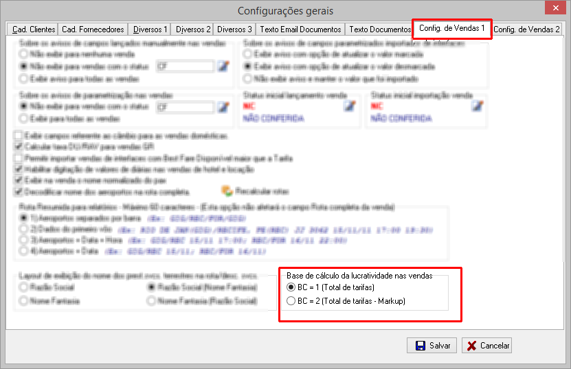 Configuração da base de cálculo da lucratividade nas vendas.