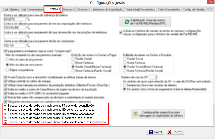 Bloqueio de emissão de recibo com mais de um documento contendo reconciliação