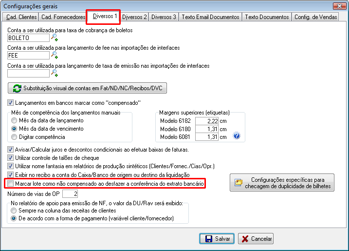 Configuração geral para desfazer conferência.