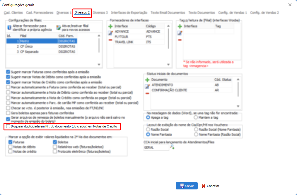 Bloqueio duplicidade em nr do documento do credor em nota de crédito