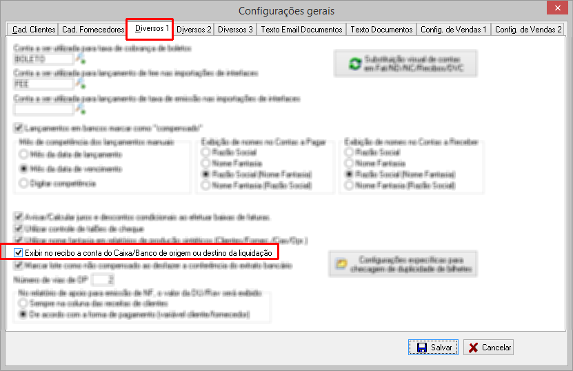 Configurações gerais para exibir o código da conta de ativo circulante no recibo