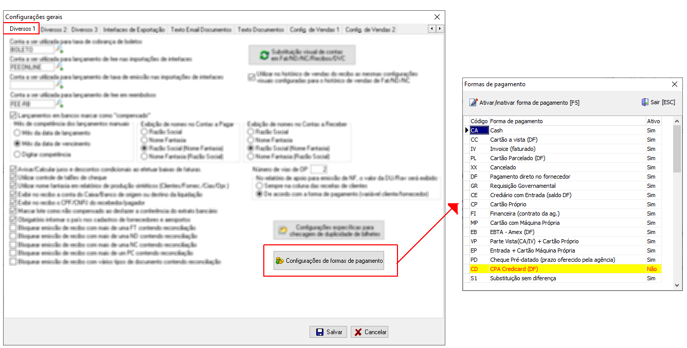 Ativacão/Inativação de forma de pagamento