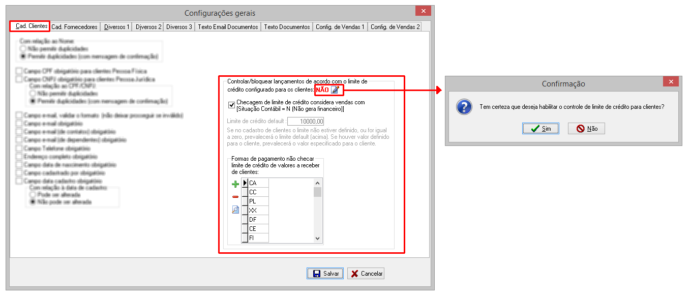 Configuração geral para habilitar checagem de limite de crédito e checagem da situação contábil.